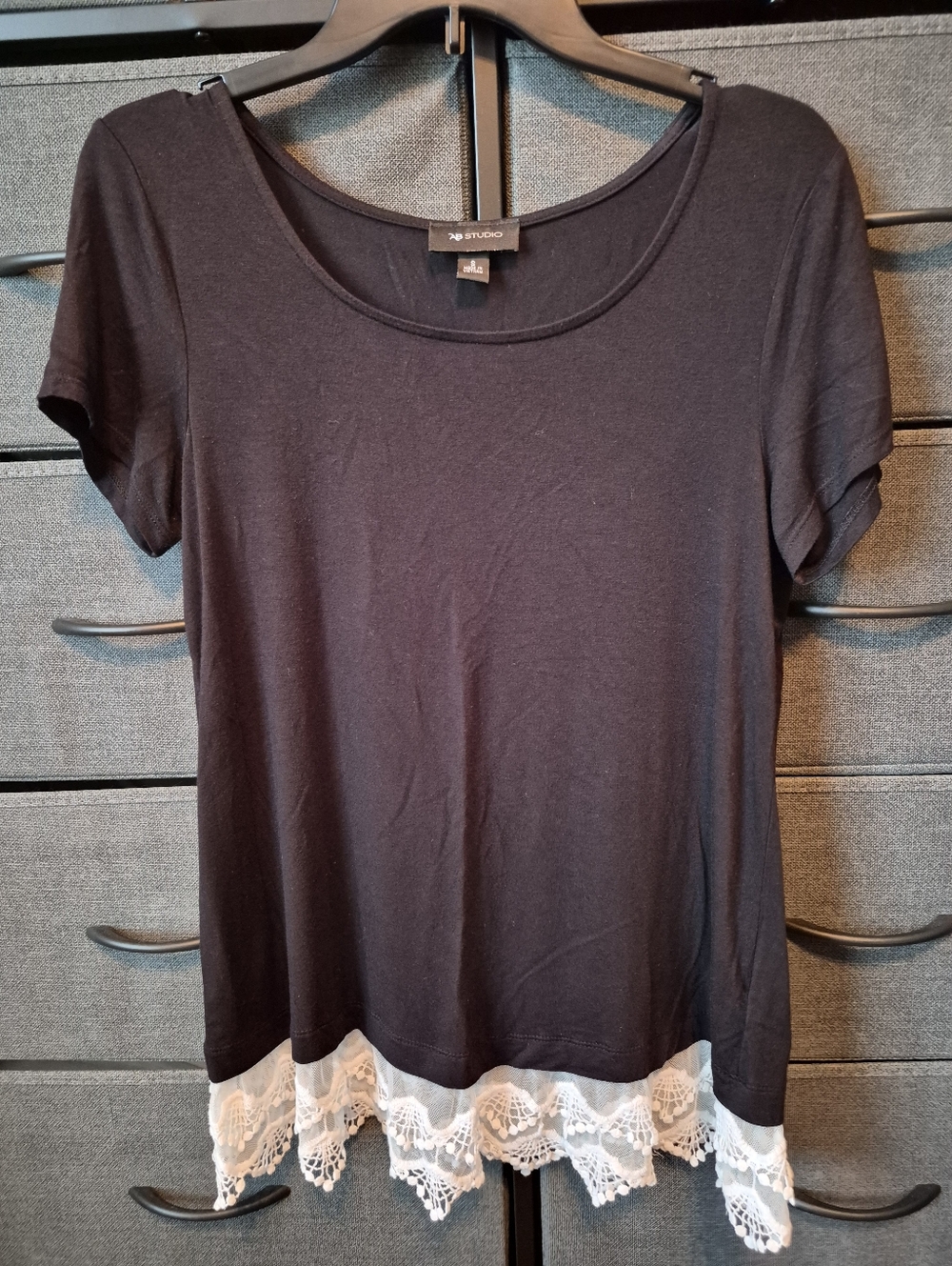 AB Studio Black Short Sleeve Scoop Neck Top with White Lace Trim